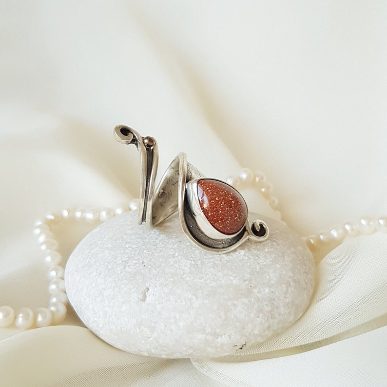 Handmade 925 Sterling Silver wrap ring with shining Brown Goldstone. Red Sandstone Ring. Adjustable Boho gemstone ring for women. Unique ring as a birthday gift, anniversary gift, christmas gift for her! Personalized engraved statement ring.