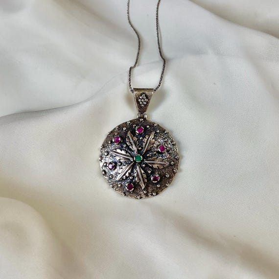 Ruby Emerald Sterling Silver Leaf Pendant Necklac… - image 2