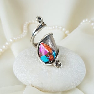 Handmade 925 Sterling Silver wrap ring with Pink Oyster Turquoise. Adjustable natural gemstone ring. Western boho style ring for women. Unique ring as a birthday gift, anniversary gift, christmas gift for her! Personalized engraved statement ring.