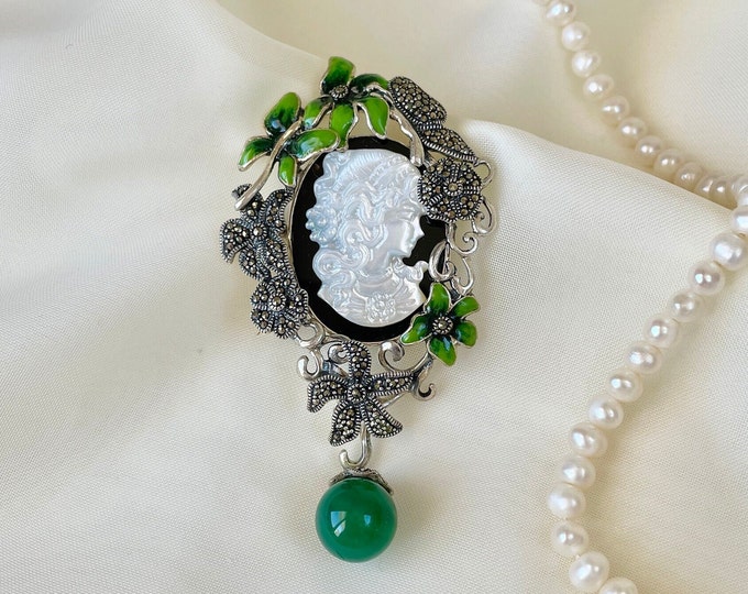 Green Floral Enamel Cameo Pendant Brooch 925 Sterling Silver