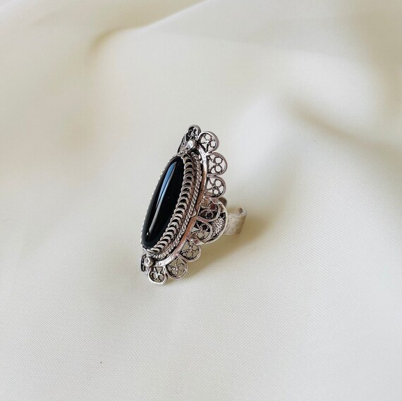 Black Onyx Filigree Ring Sterling Silver Adjustable Onyx Ring