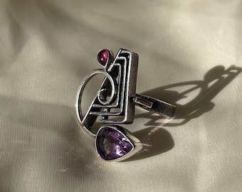 Geometric Amethyst Tourmaline Ring Sterling Silver