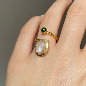 Prehnit och Peridot Ring Guld Vermeil, Grön Ädelstensring, Prehnit Elegant Boho Ring Justerbar, Handgjord Ring för Kvinnor, Gåva till Henne bild 6