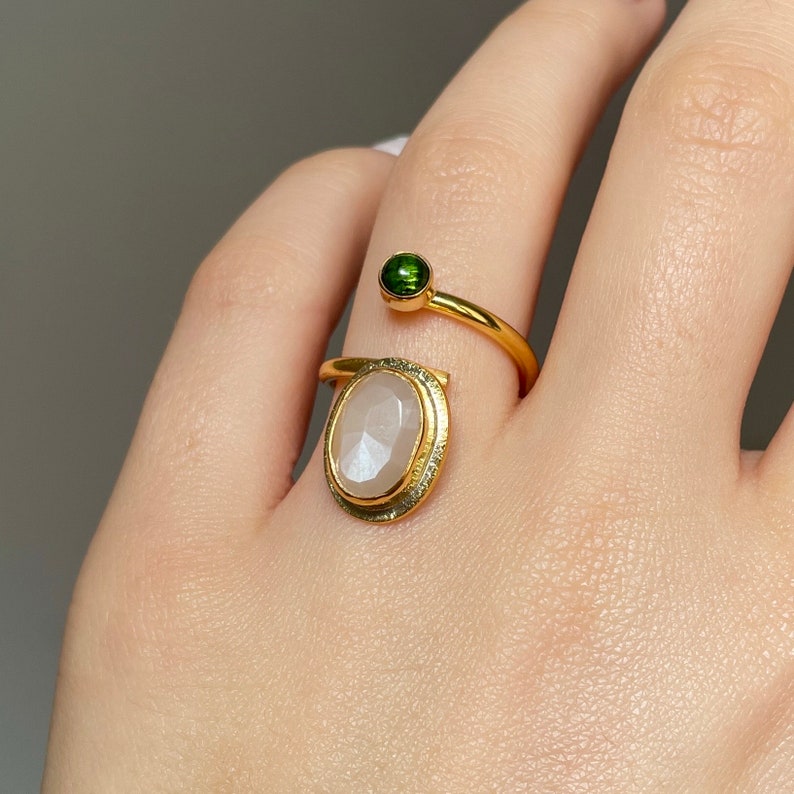 Prehnit och Peridot Ring Guld Vermeil, Grön Ädelstensring, Prehnit Elegant Boho Ring Justerbar, Handgjord Ring för Kvinnor, Gåva till Henne bild 6