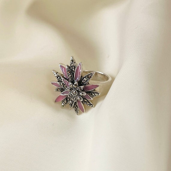 Vintage Pink Flower Statement Ring Sterling Silve… - image 3