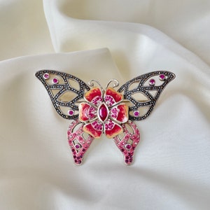 Pink Butterfly Pendant Brooch 925 Sterling Silver, Large Butterfly Necklace, Handmade Jewelry, Valentines Gift for Her, Butterfly Jewelry