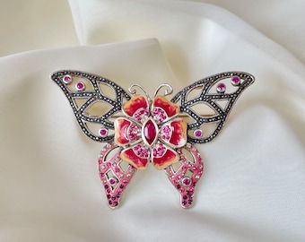 Pink Butterfly Pendant Brooch 925 Sterling Silver