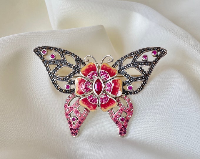 Pink Butterfly Pendant Brooch 925 Sterling Silver