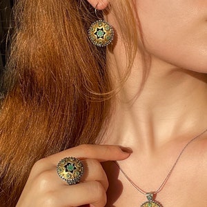 Vintage Emerald Necklace Set 14K Gold Plated Sterling Silver, May Birthstone, Emerald Ring Round Star Earrings, Gift for Her, Gift for Mom image 2