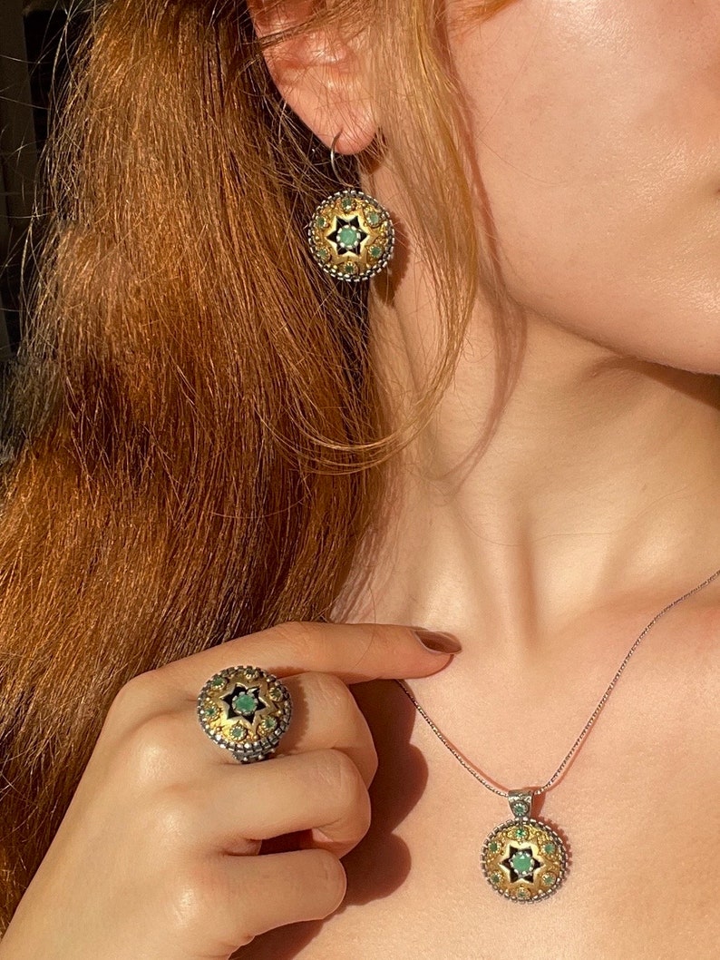 Vintage Emerald Necklace Set 14K Gold Plated Sterling Silver, May Birthstone, Emerald Ring Round Star Earrings, Gift for Her, Gift for Mom image 2