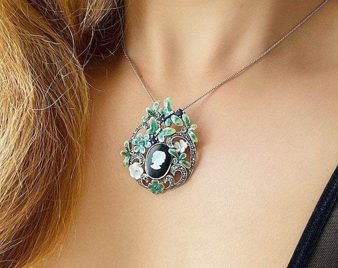 Green Large Cameo Pendant Brooch 925 Sterling Silver