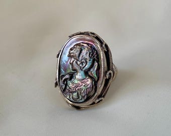 Gothic Black Shell Cameo Ring 925 Sterling Silver, Antique Victorian Ring, Vintage Inspired Elegant Statement Ring, Handmade Cameo Jewelry