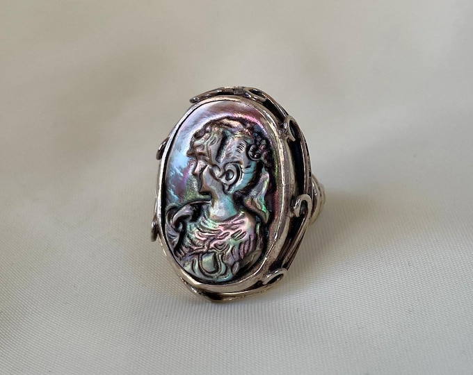 Gothic Black Shell Cameo Ring 925 Sterling Silver