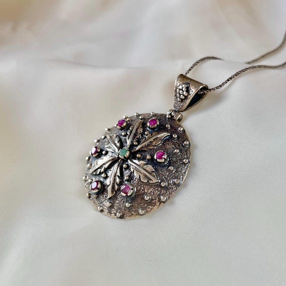 Ruby Emerald Sterling Silver Leaf Pendant Necklac… - image 3