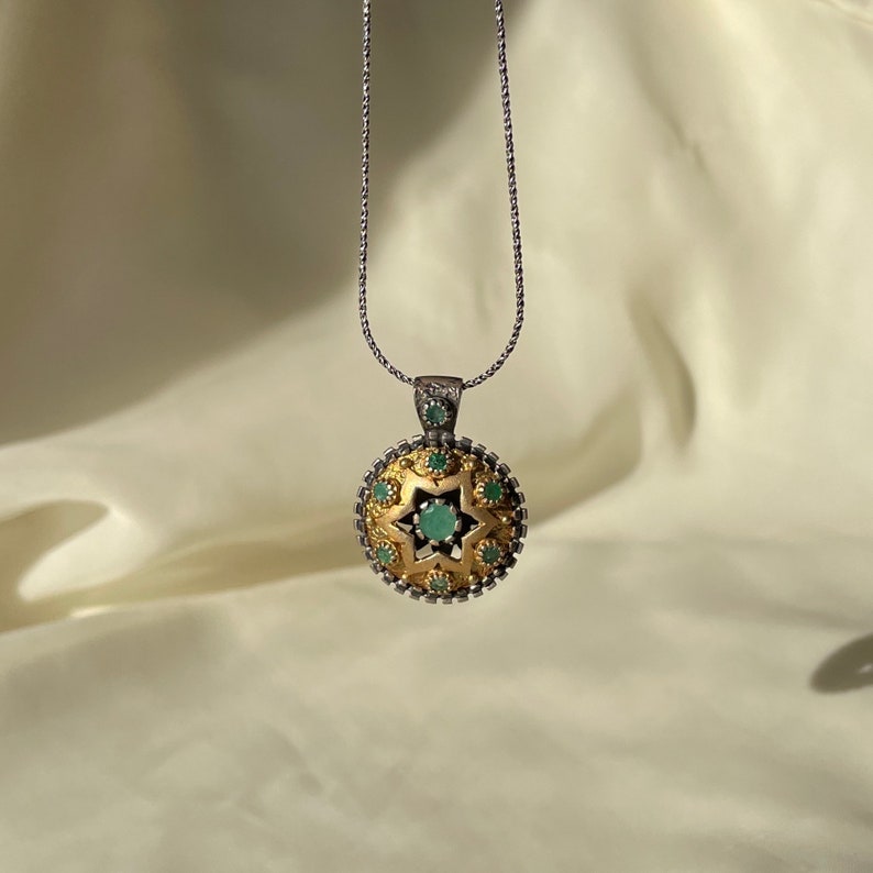 Vintage Emerald Necklace Set 14K Gold Plated Sterling Silver, May Birthstone, Emerald Ring Round Star Earrings, Gift for Her, Gift for Mom image 7
