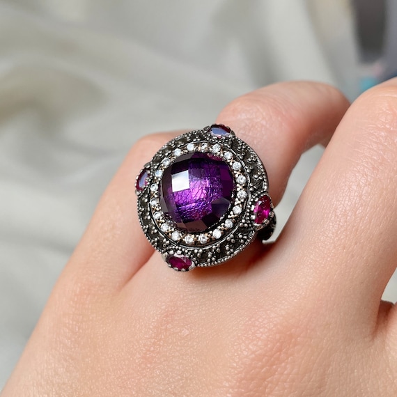 Vintage Amethyst Jewelry Set 925 Sterling Silver, Elegant Amethyst Ring Necklace Earrings Set, Gift for Her, Mothers Day Gift for Mom