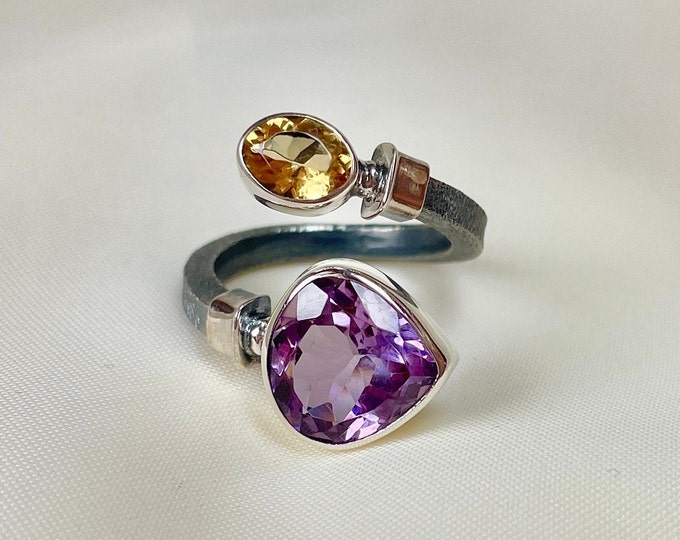 Amethyst and Citrine Bypass Ring 925 Sterling Silver