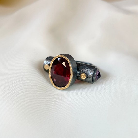 vintage silver925×garnet× amethyst ring Big Garnet Amethyst Ring Sterling Silver, January Birthstone