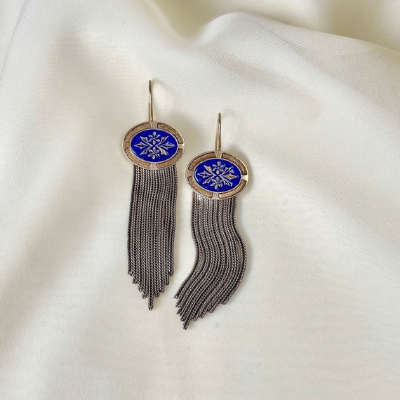 Long Tassel Enamel Earrings Sterling Silver, Blue Vintage Earrings, Floral Paisley Embossed Victorian Earrings, Gift for Her