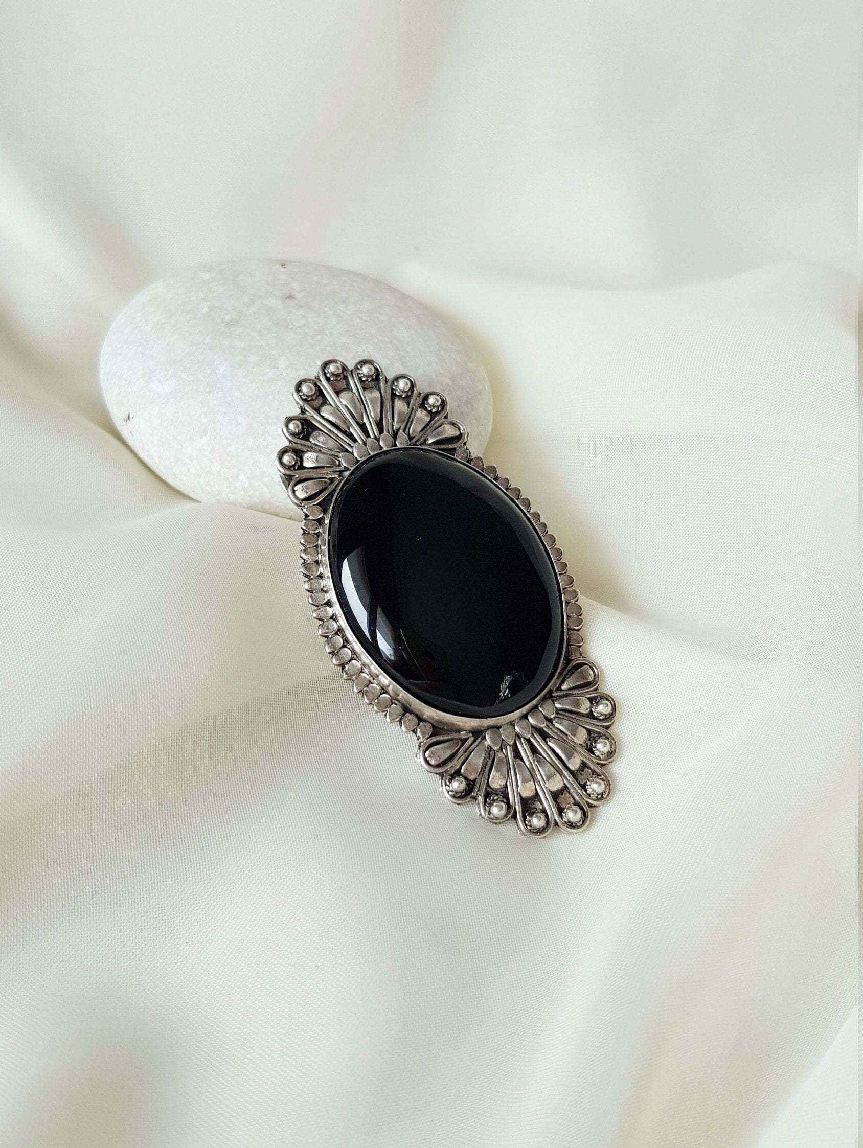 Large Black Oval Onyx Pendant 925 Sterling Silver, Vintage Onyx