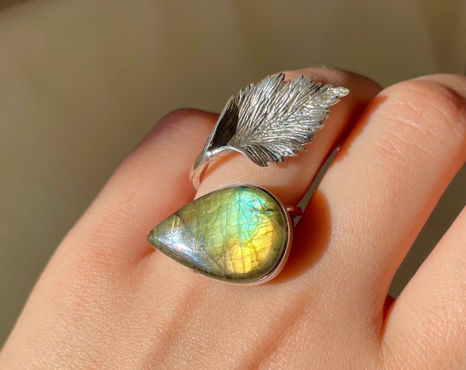 Labradorite Wrap Leaf Ring 925 Sterling Silver
