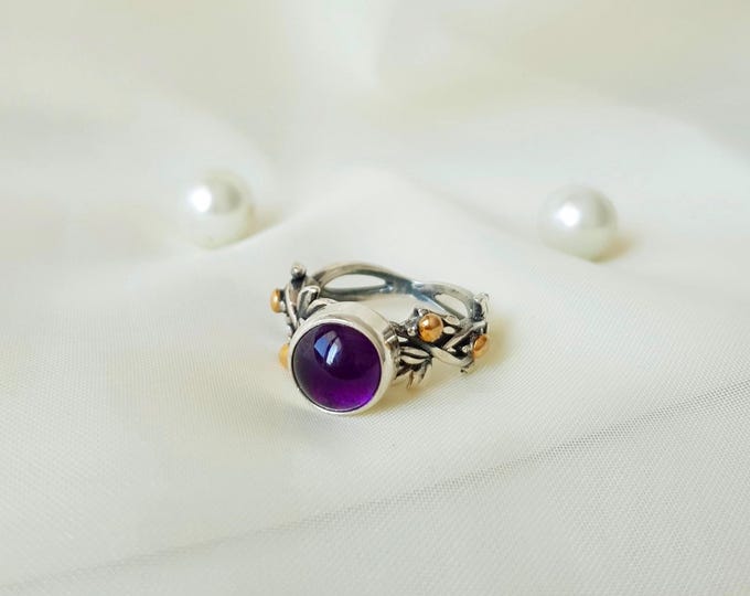 Minimal Amethyst Vine Ring Sterling Silver, February Birthstone, Dainty Woodland Ring, Handmade Botanical Boho Ring, Gift for Her