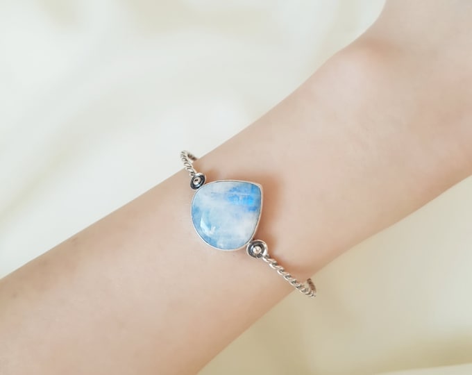 Natural Moonstone Bracelet Sterling Silver, Adjustable Moonstone Cuff, Healing Crystal Bracelet, Stacking Boho Bracelet for Women