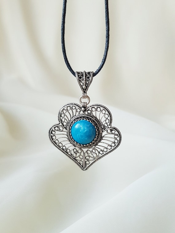 Authentic Turquoise Filigree Pendant 925 Sterling… - image 1