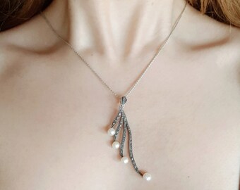 Collar con colgante de perla delicada en plata de ley 925 / Joyería minimalista de estilo vintage / Regalo para ella / Collar de novia