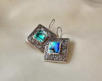 Square Abalone Shell Earrings 925 Sterling Silver