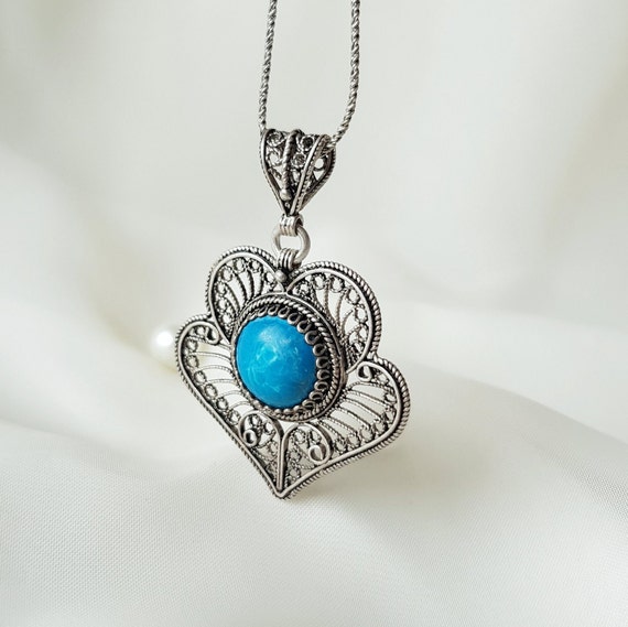 Authentic Turquoise Filigree Pendant 925 Sterling… - image 4