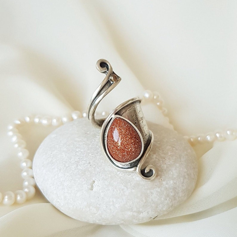 Handmade 925 Sterling Silver wrap ring with shining Brown Goldstone. Red Sandstone Ring. Adjustable Boho gemstone ring for women. Unique ring as a birthday gift, anniversary gift, christmas gift for her! Personalized engraved statement ring.