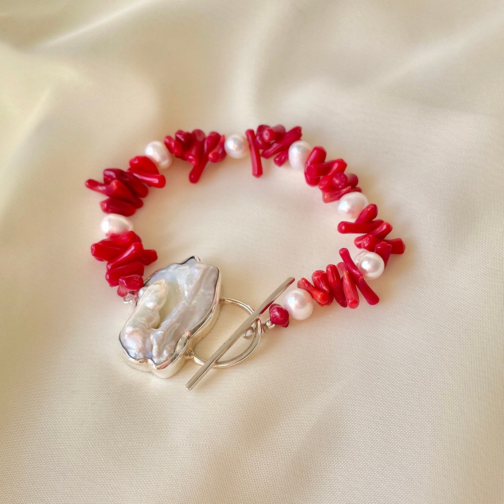 Red Coral and Freshwater Pearl Bracelet Sterling Silver Toggle Gemstone Bracelet White Baroque Pearl Bracelet Healing Bracelet for Women