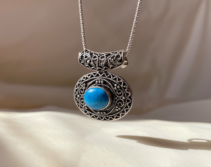 Turquoise Pendant With Filigree Details 925 Sterling Silver