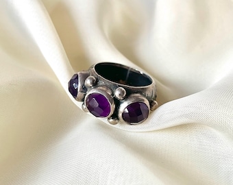 Forged Amethyst Cluster Ring 925 Sterling Silver