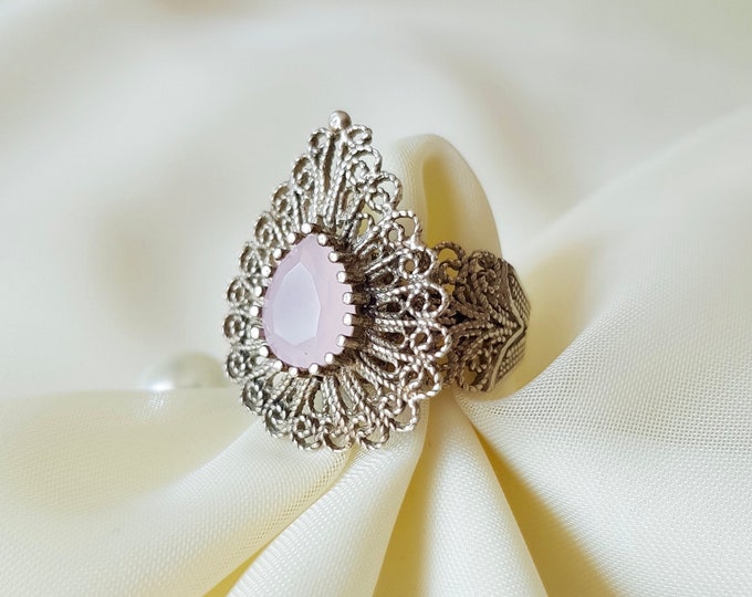 Vintage Rose Quartz Filigree Ring 925 Sterling Silver
