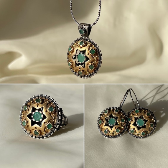 Vintage Emerald Necklace Set 14K Gold Plated Sterling Silver, May Birthstone, Emerald Ring Round Star Earrings, Gift for Her, Gift for Mom