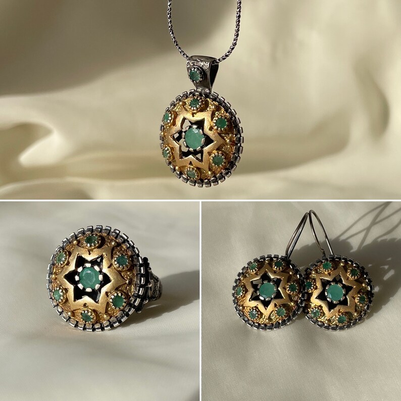 Vintage Emerald Necklace Set 14K Gold Plated Sterling Silver, May Birthstone, Emerald Ring Round Star Earrings, Gift for Her, Gift for Mom image 1