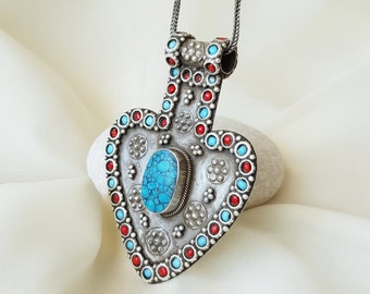 Large Turquoise Tribal Pendant 925 Sterling Silver