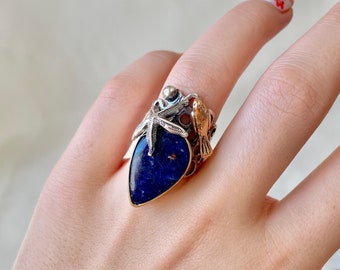 Natural Sodalite Ring Sterling Silver, Blue Gemstone Ring, Bird Ring, Starfish Ring, Boho Ring for Women, Personalized Ring, Gift for Her
