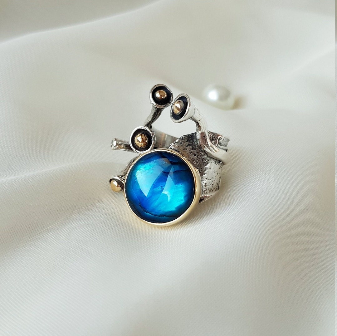 Handmade Sterling Silver Abalone Shell Ring: Adjustable Boho Statement ...