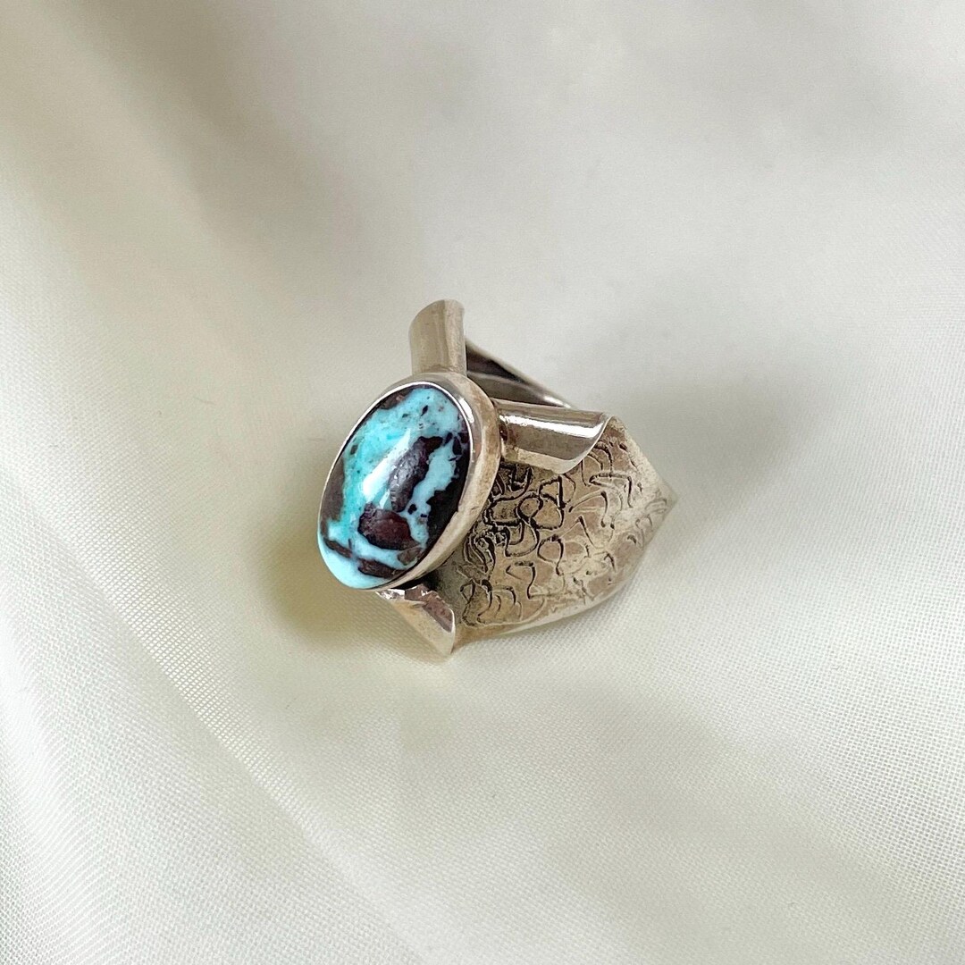 Turquoise Ring Sterling Silver, Wide Band Statement Ring, Textured ...