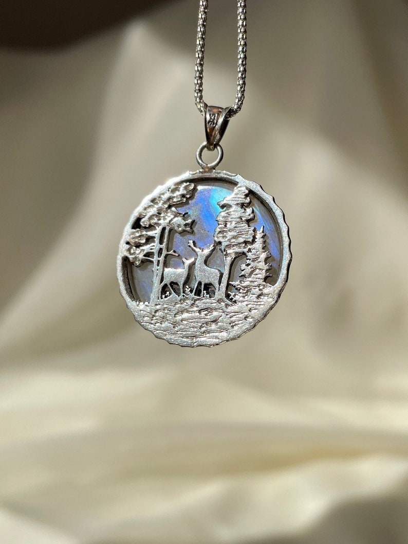 Handmade_cute_necklace_deer_tree_forest_silver_necklace_circle_custom_blue