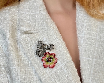 Large Red Flower Brooch Sterling Silver, Floral Pendant Brooch, Mothers Day Gift, Elegant Brooch, Gift for Her, Gift for Mom