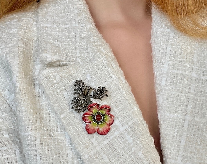 Large Red Flower Brooch Sterling Silver, Floral Pendant Brooch, Mothers Day Gift, Elegant Brooch, Gift for Her, Gift for Mom