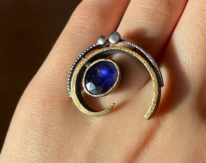 Blue Sapphire Ring Sterling Silver, September Birthstone, Big Chunky Artisan Ring, Unique Handmade Statement Rings, Gift for Her
