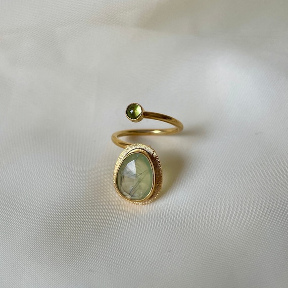 Prehnite and Peridot Ring Gold Vermeil, Green Gemstone Ring, Prehnite Dainty Boho Ring Adjustable, Handmade Ring for Women, Gift for Her
