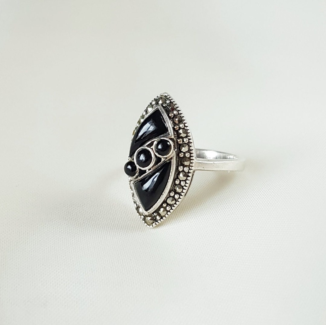 Vintage Black Onyx Ring, Marcasite Ring, Sterling Silver Ring, Art