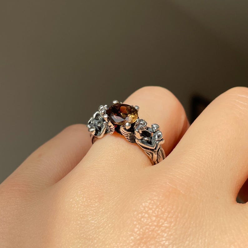 Smoky Quartz Angel Ring 925 Sterling Silver, Mother Baby Ring, Handmade Artisan Ring, Sentimental Mom Gift, Motherhood Jewelry, Gift for Her image 1