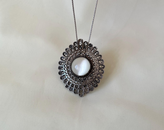 Sterling Silver Filigree Cat Eye Pendant and Brooch